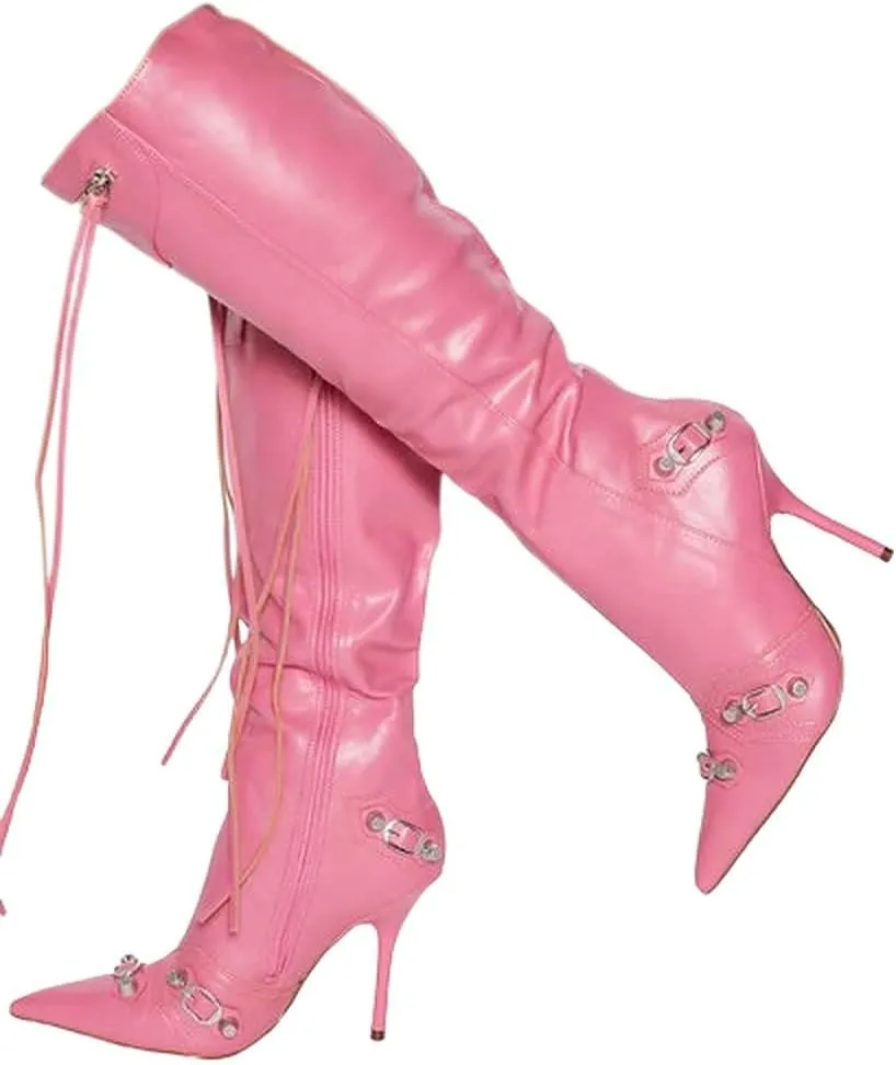 Liliana Womem Knee High Boots Pointed Toe Stiletto Heels Side Zipper Rivets Tassels Boots Bexie-3