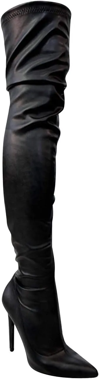 Liliana Women Faux Leather Pointy Toe Thigh High Single Sole Stiletto Boot