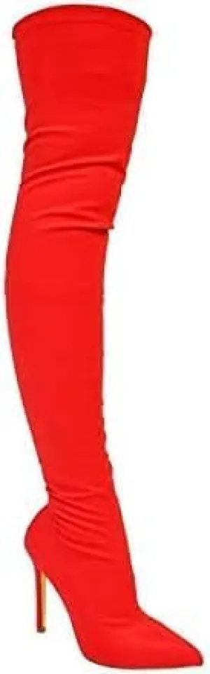 Liliana Women Faux Leather Pointy Toe Thigh High Single Sole Stiletto Boot