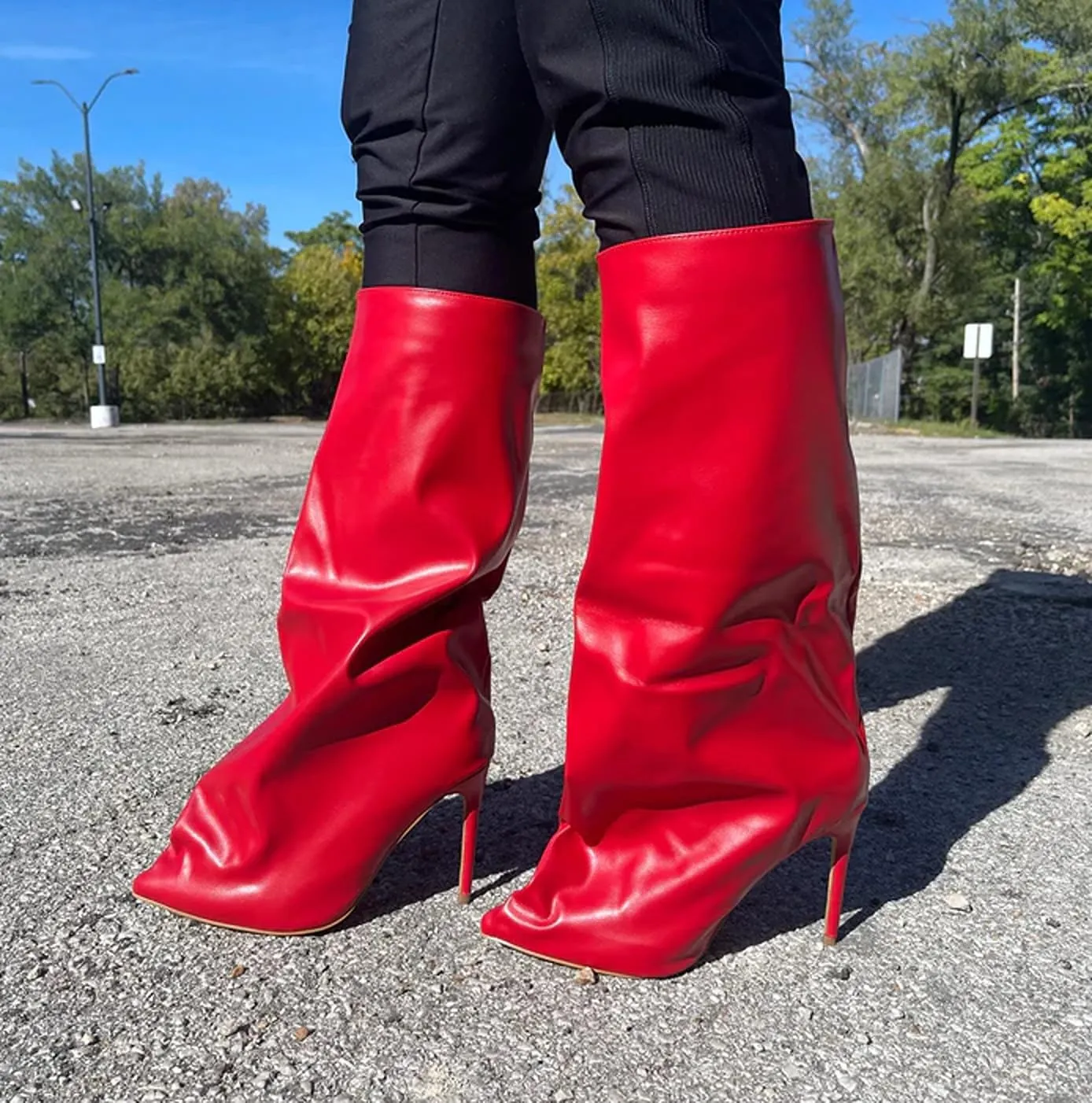 Liliana Women Fold Over Boots Knee High Pointed Toe Stiletto Heel Slouchy Boots