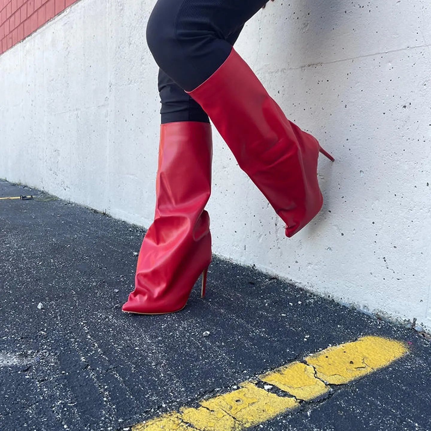 Liliana Women Fold Over Boots Knee High Pointed Toe Stiletto Heel Slouchy Boots