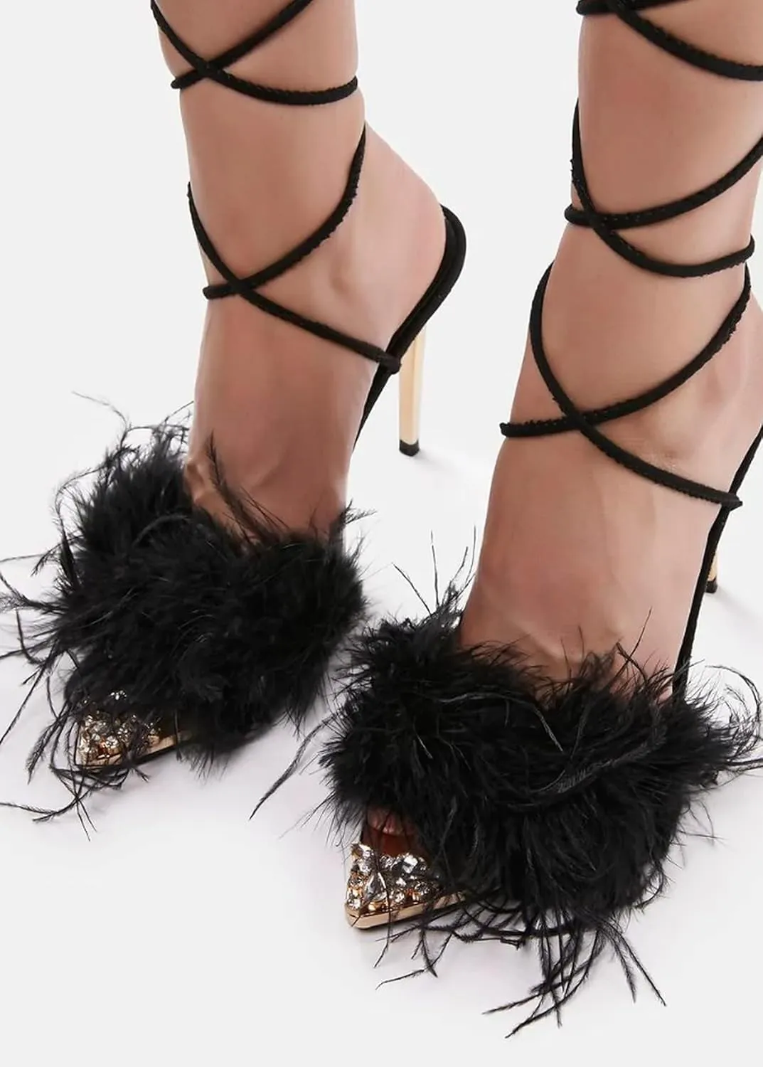 Liliana Women Pointy Toe Feather Fur Lace Up Pumps