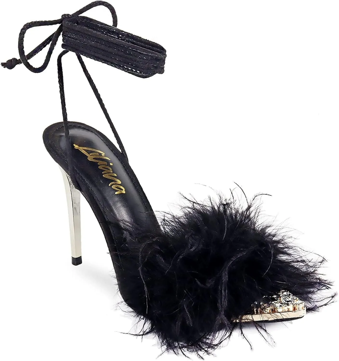 Liliana Women Pointy Toe Feather Fur Lace Up Pumps