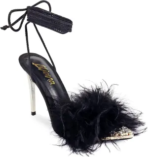 Liliana Women Pointy Toe Feather Fur Lace Up Pumps