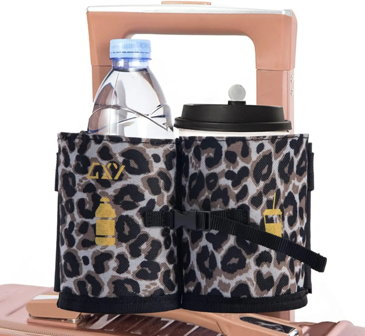 Luggage Travel Cup Holder Drink Caddy Bag Free Your Hand Hold Two Coffee Mugs Fits Roll on All Suitcase Handles with Backpack Portable Universal Traveler Accessory