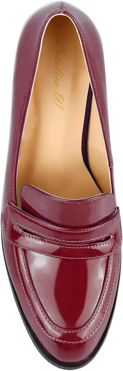 Lutalica W Women's Handmade Closed Round Toe Patent Leather Slip On Dressy Chunky High Heel Loafer Pumps Shoes for Work Party Evening