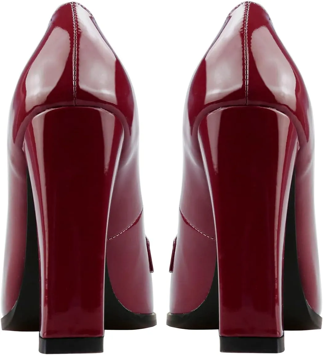 Lutalica W Women's Handmade Closed Round Toe Patent Leather Slip On Dressy Chunky High Heel Loafer Pumps Shoes for Work Party Evening