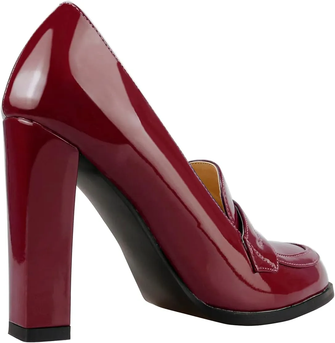 Lutalica W Women's Handmade Closed Round Toe Patent Leather Slip On Dressy Chunky High Heel Loafer Pumps Shoes for Work Party Evening