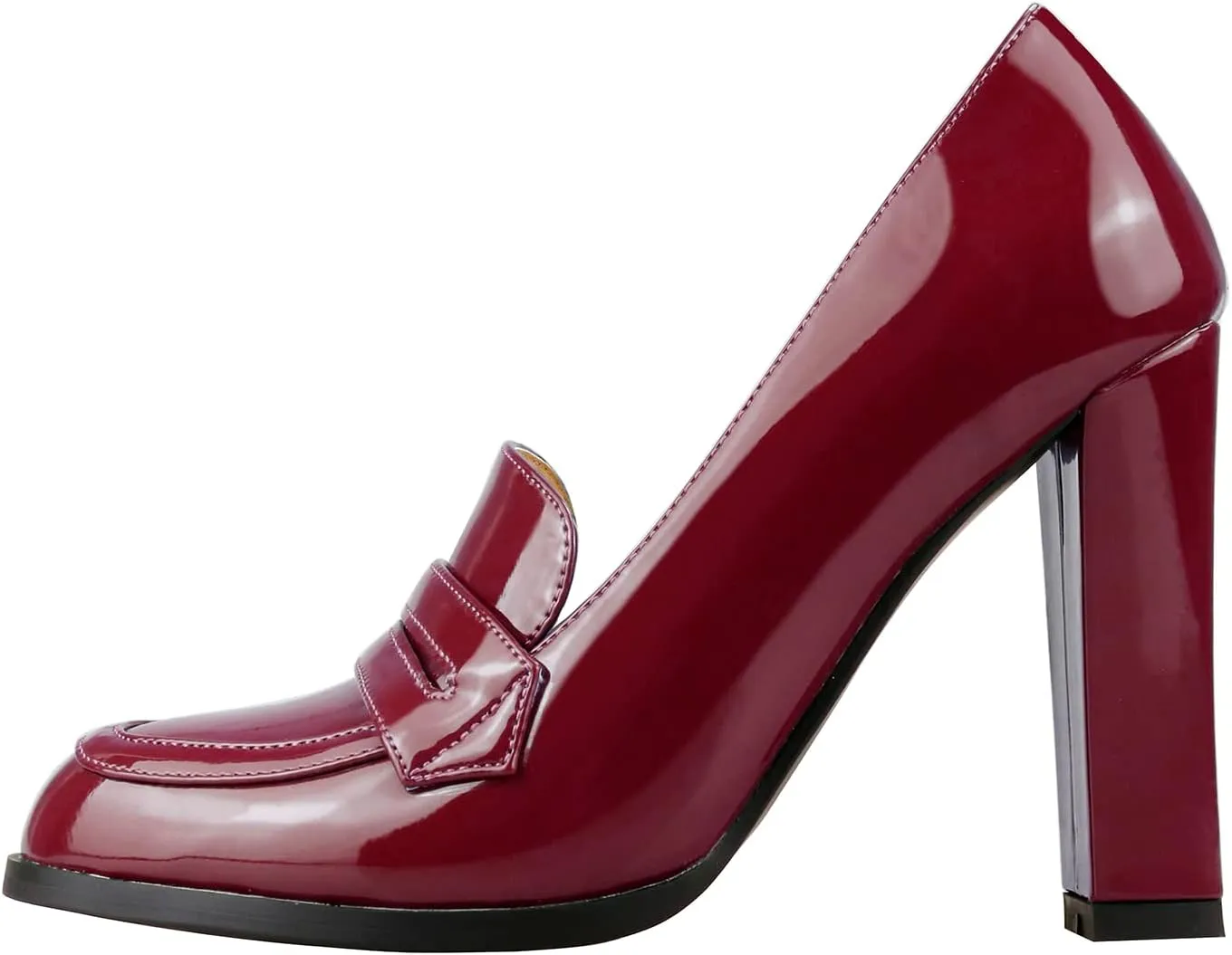 Lutalica W Women's Handmade Closed Round Toe Patent Leather Slip On Dressy Chunky High Heel Loafer Pumps Shoes for Work Party Evening