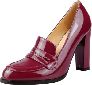 Lutalica W Women's Handmade Closed Round Toe Patent Leather Slip On Dressy Chunky High Heel Loafer Pumps Shoes for Work Party Evening