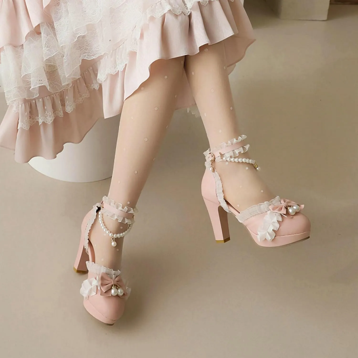 LUXMAX Women Cute Platform Mary Janes Ankle Strap Kawaii Shoes Block High Heel Lolita Pumps