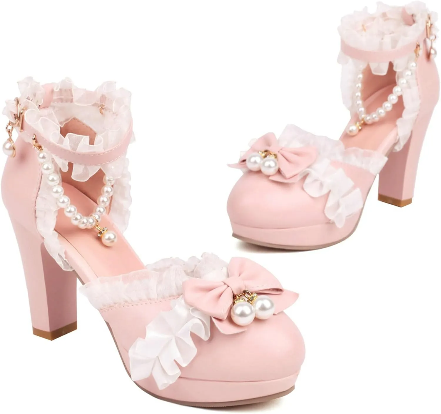 LUXMAX Women Cute Platform Mary Janes Ankle Strap Kawaii Shoes Block High Heel Lolita Pumps