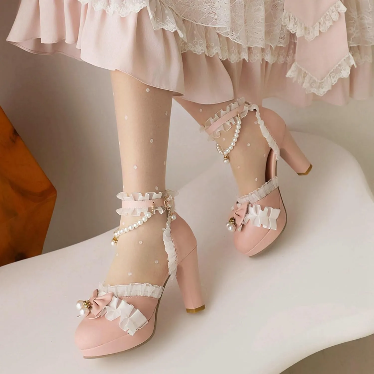 LUXMAX Women Cute Platform Mary Janes Ankle Strap Kawaii Shoes Block High Heel Lolita Pumps