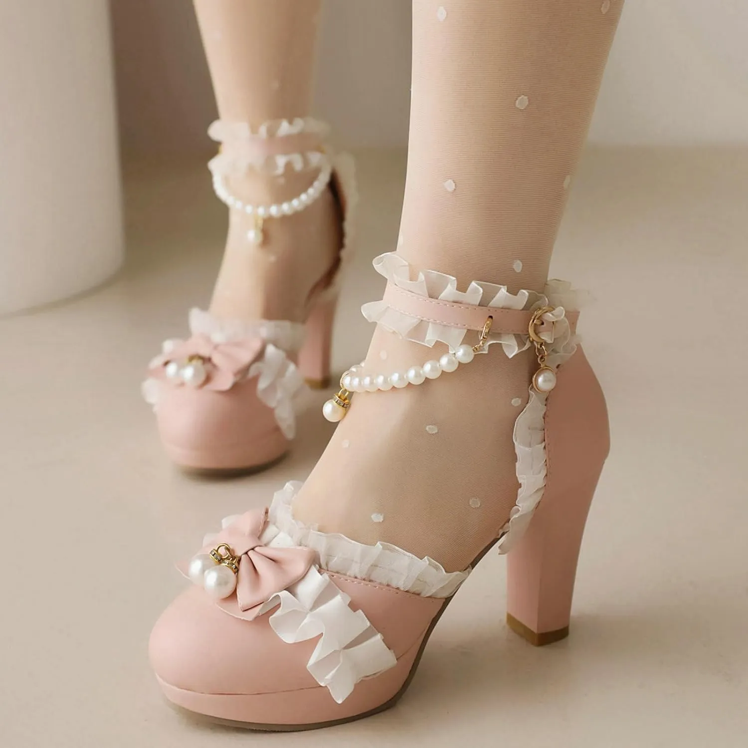 LUXMAX Women Cute Platform Mary Janes Ankle Strap Kawaii Shoes Block High Heel Lolita Pumps