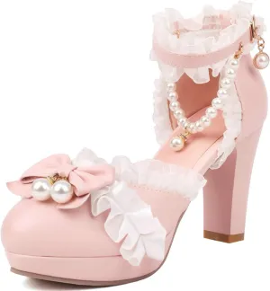 LUXMAX Women Cute Platform Mary Janes Ankle Strap Kawaii Shoes Block High Heel Lolita Pumps