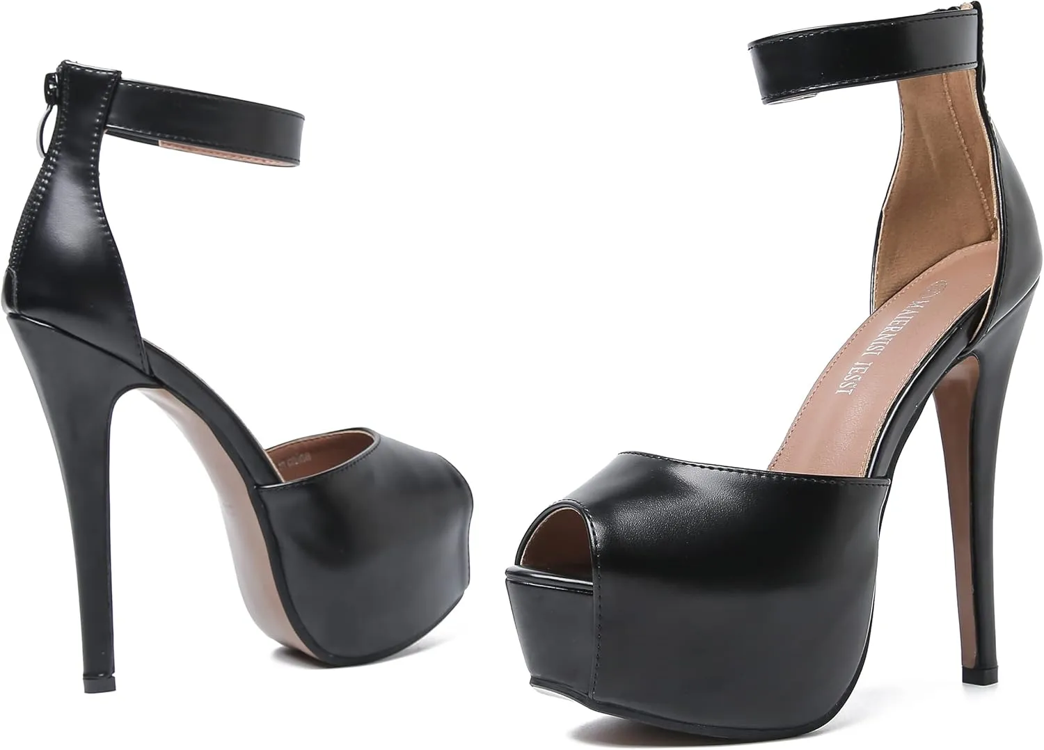 MAIERNISI JESSI Womens Sandals Platform Peep Toe Ankle Strap Stiletto High Heel Dress Zip