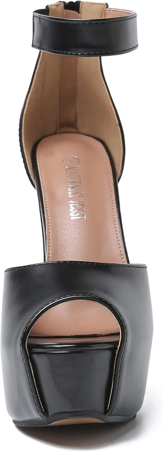 MAIERNISI JESSI Womens Sandals Platform Peep Toe Ankle Strap Stiletto High Heel Dress Zip