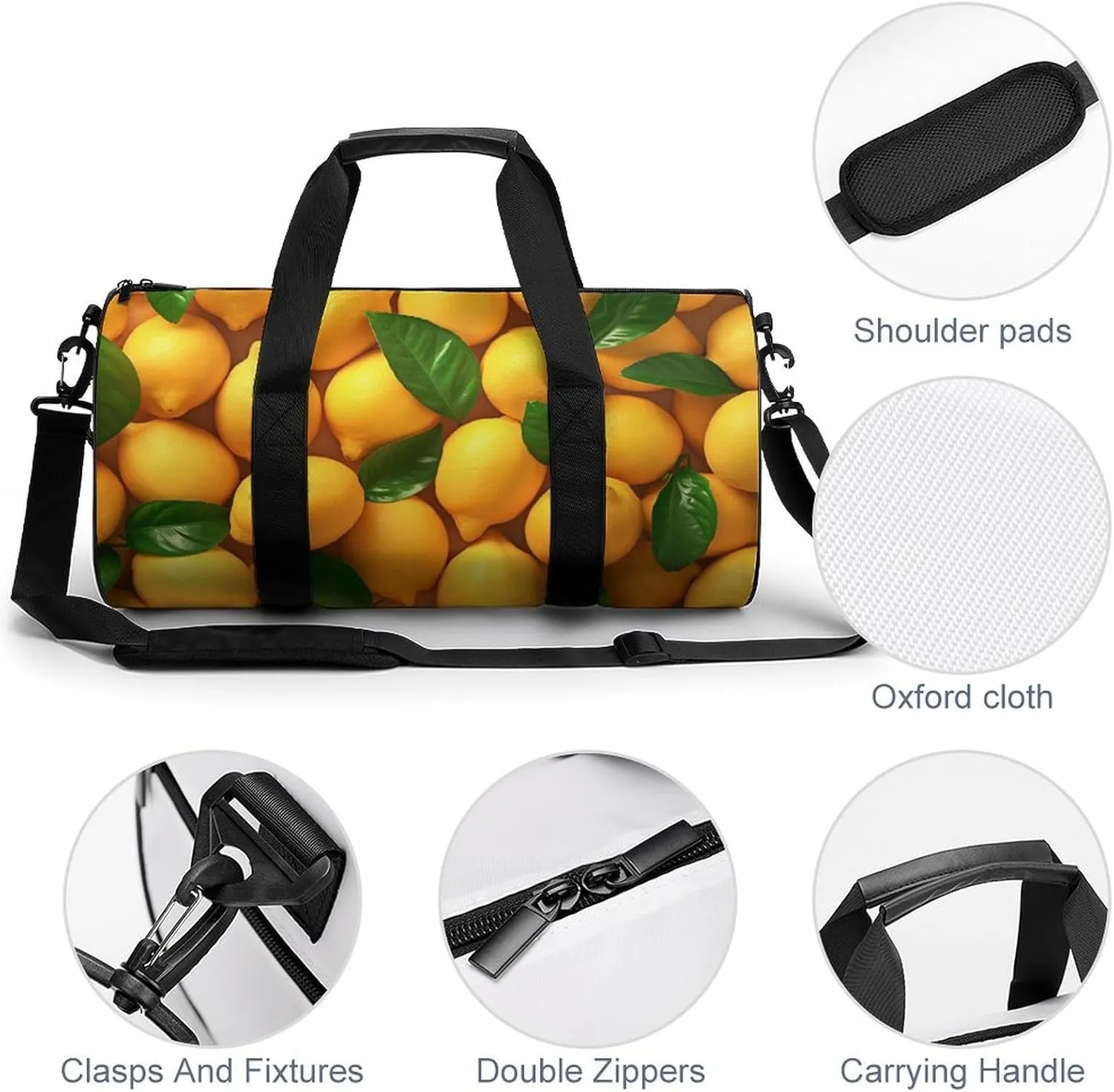 Many Lemons Travel Gym Bag for Women Men Fruit Cylindrical Duffle Bag Sport Workout Bag with Shoulder Strap