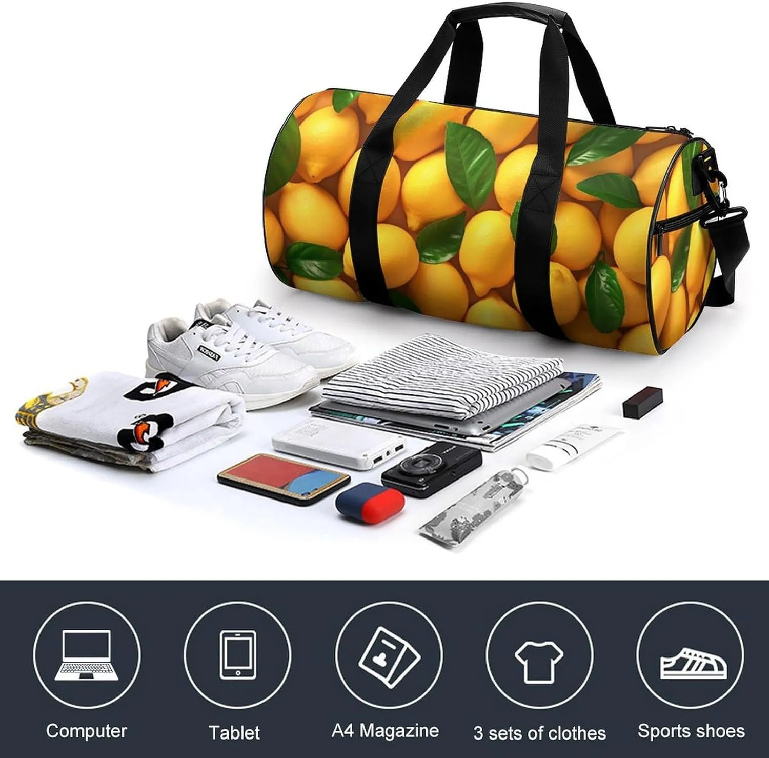 Many Lemons Travel Gym Bag for Women Men Fruit Cylindrical Duffle Bag Sport Workout Bag with Shoulder Strap