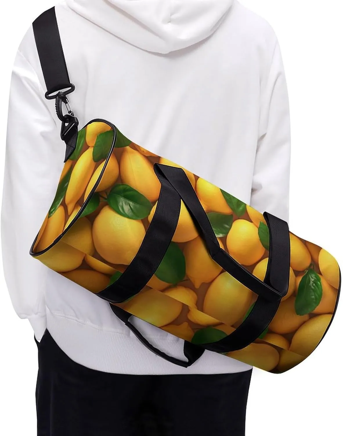 Many Lemons Travel Gym Bag for Women Men Fruit Cylindrical Duffle Bag Sport Workout Bag with Shoulder Strap