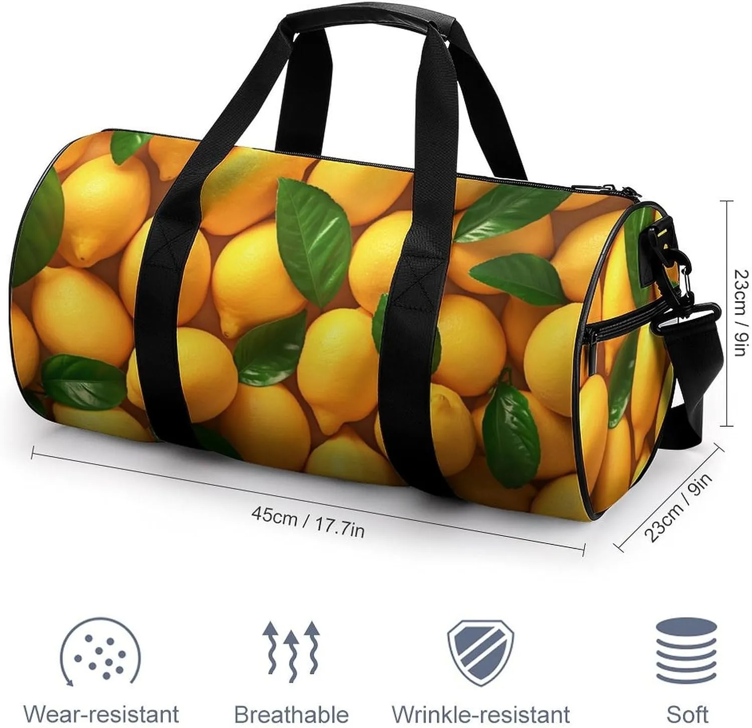 Many Lemons Travel Gym Bag for Women Men Fruit Cylindrical Duffle Bag Sport Workout Bag with Shoulder Strap