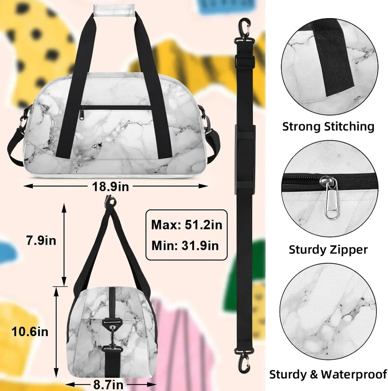Marble Gray Small Gym Bag 18 inch Carry On Duffel Bag for Weekender Travel Sports Workout Yoga Gymnastics Dance Ballet