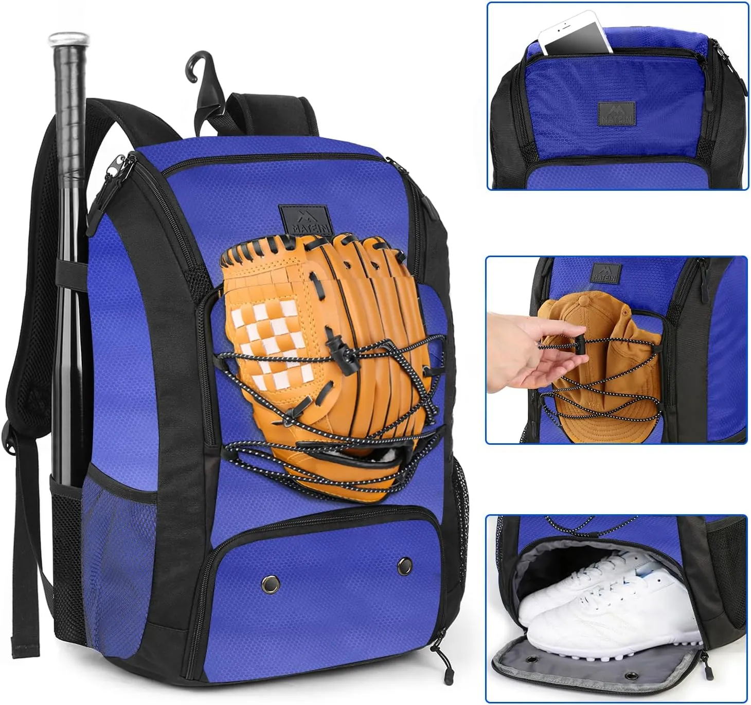 MATEIN Baseball Backpack, Softball Bat Bag with Shoes Compartment for Youth, Boys and Adult, Lightweight Baseball Bag with Fence Hook Hold TBall Bat, Batting Mitten, Helmet, Caps, Teeball Gear