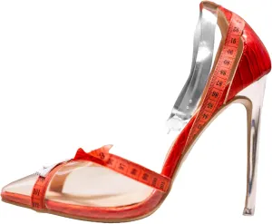 Measure Up Red High Heels for Women | 5.5" Red Snakeskin Pumps | Striking Women's Pumps Featuring Transparent Band & Measuring Tape Detail | Size 9.5