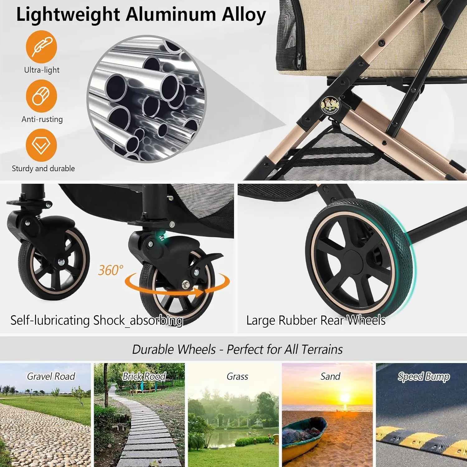 Medium Dog Stroller, Kenyone Pet Stroller for Medium Dogs Up to 55lbs, Lightweight Aluminum Frame, One Click Folding, Large Cat Stroller with No Zip Entry, Detachable Mesh, Multiple Pockets