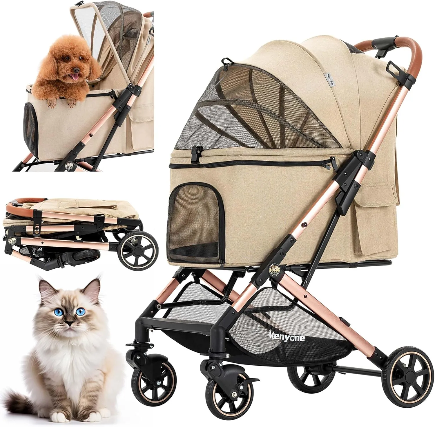 Medium Dog Stroller, Kenyone Pet Stroller for Medium Dogs Up to 55lbs, Lightweight Aluminum Frame, One Click Folding, Large Cat Stroller with No Zip Entry, Detachable Mesh, Multiple Pockets