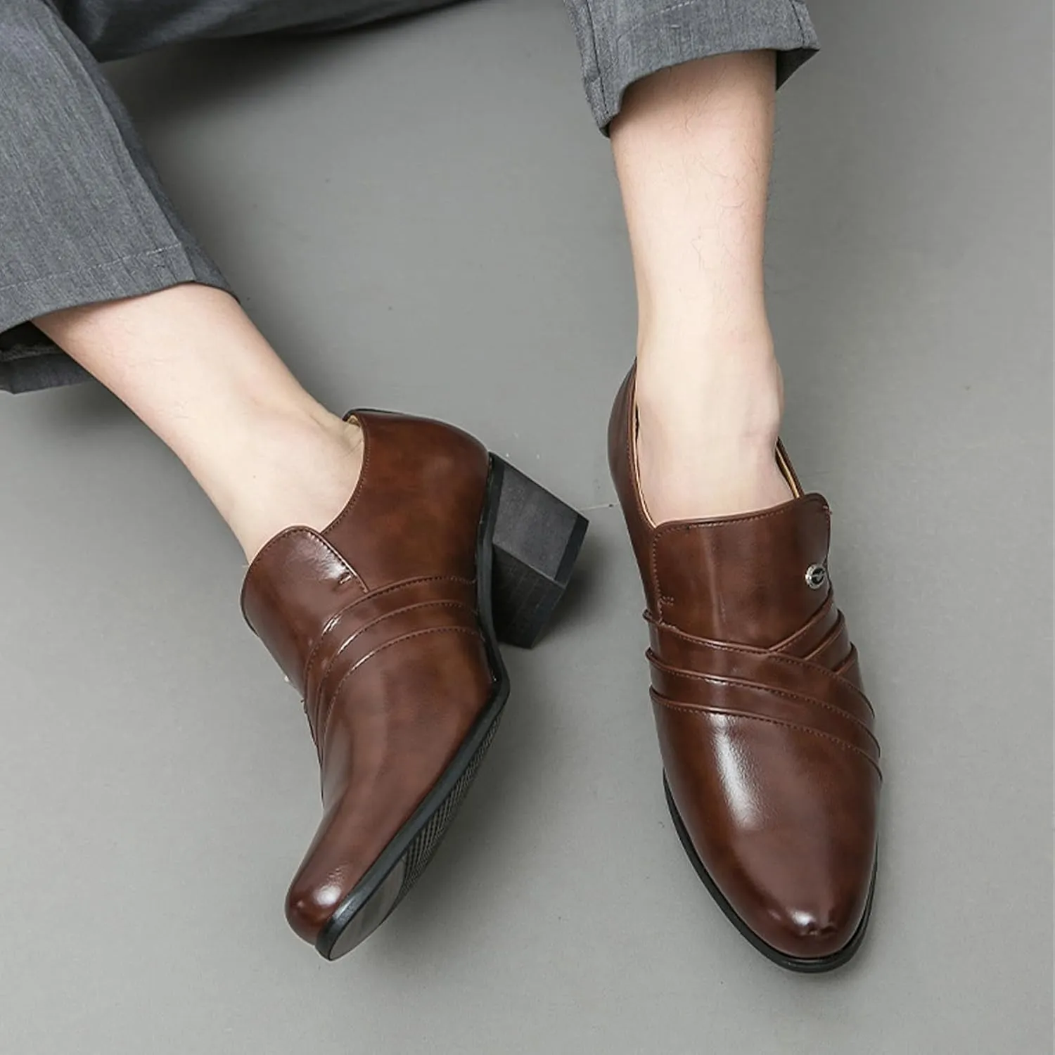 Men's Leather Pointed Toe Block Heels Slip-on Oxford Shoes Comfort Medium Chunky Heels Retro Low Top Dress Prom Shoes for Wedding Business Work Dating
