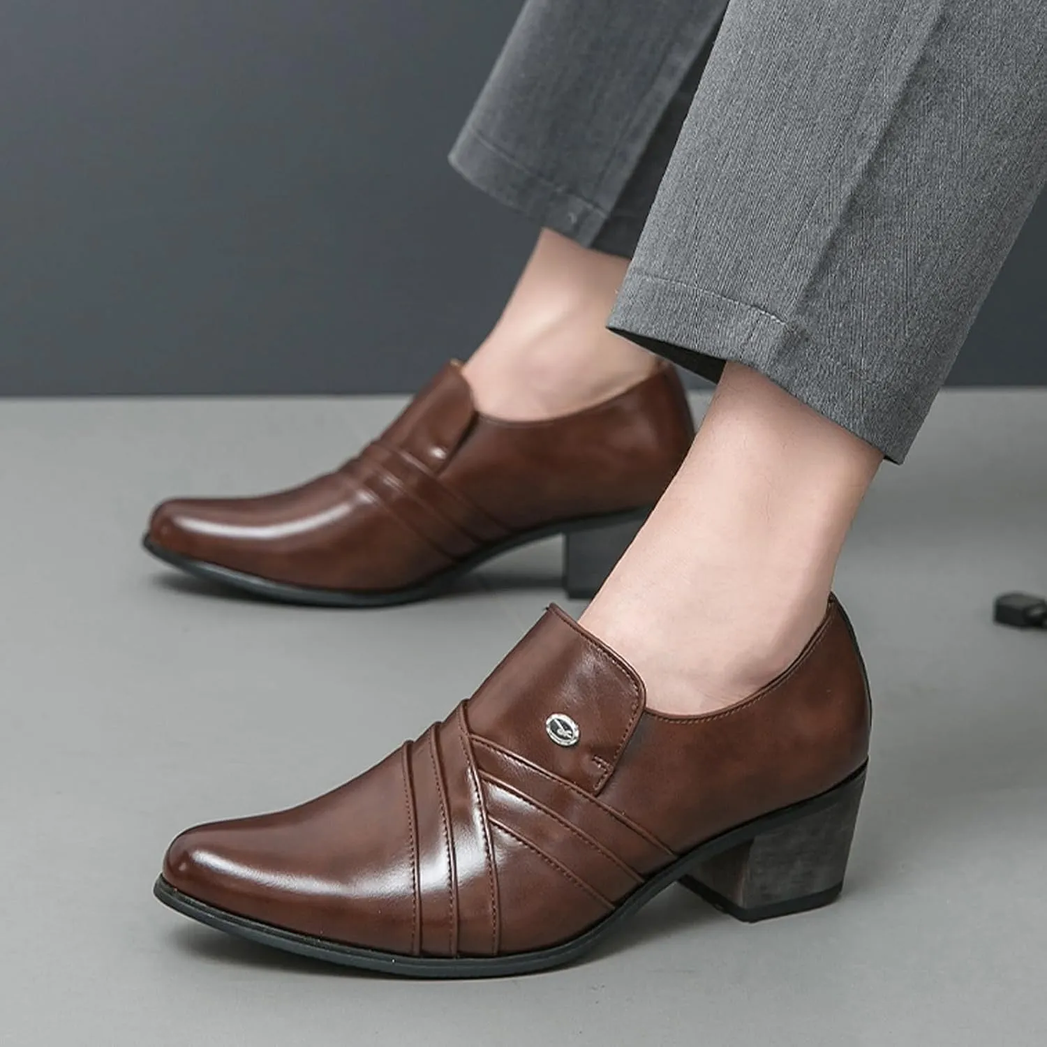 Men's Leather Pointed Toe Block Heels Slip-on Oxford Shoes Comfort Medium Chunky Heels Retro Low Top Dress Prom Shoes for Wedding Business Work Dating