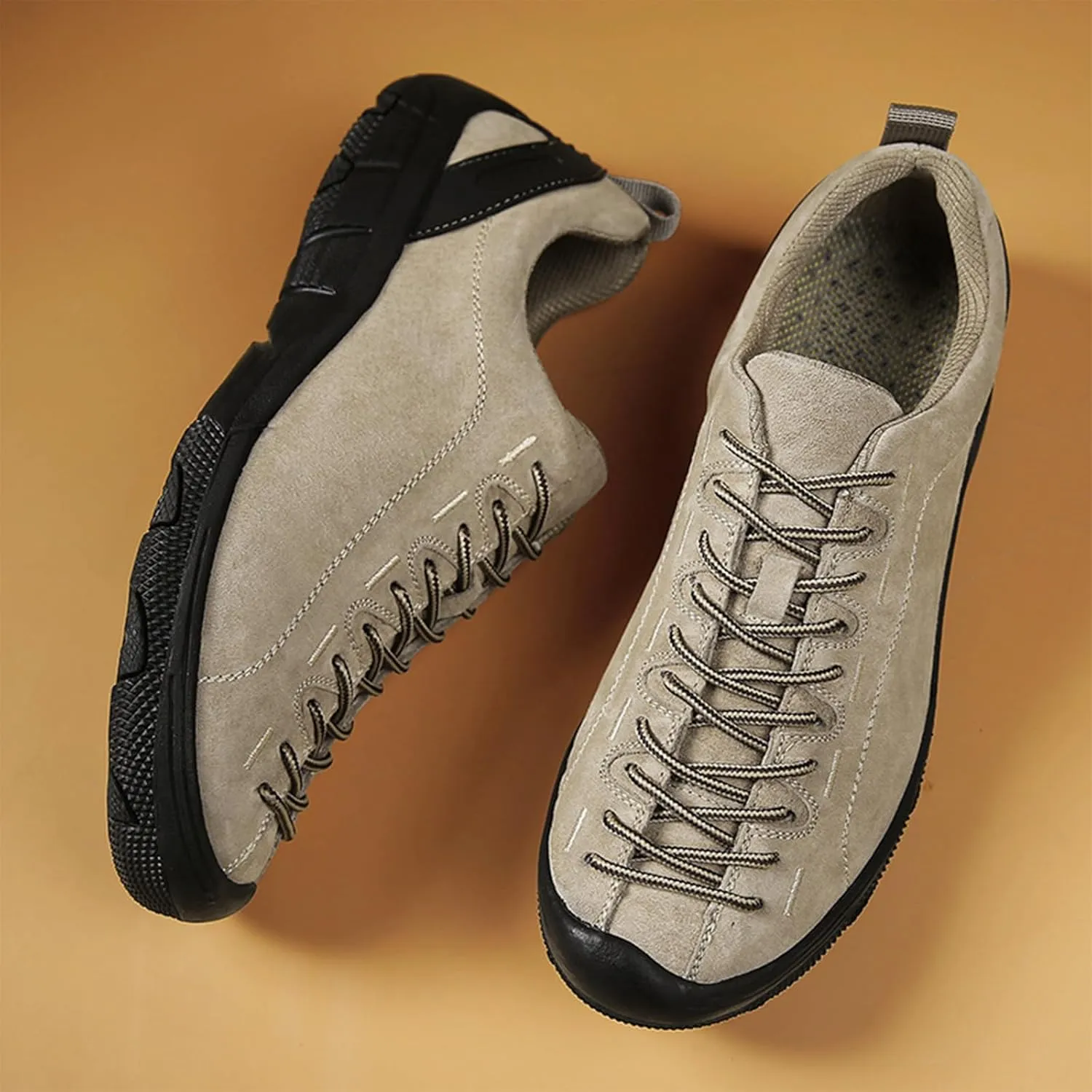 Men's Outdoor Suede Leather Lace Up Trekking Tactical Sneakers Casual Comfortable Anti-Collision wear-Resistant Low Top Hiking Sneakers Walking Work Shoes with Arch Support