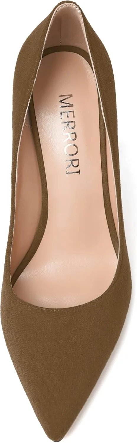 MERRORI Women's Stiletto High Heels Pointed Toe Solid Dress Suede Evening Slip On Heel Pumps Shoes 4 Inch