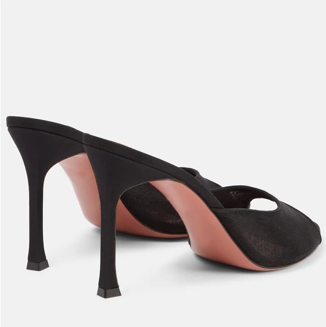 Mesh Heels Mules for Women Peep Open Toe Backless Stiletto Heel Sandals Party Dress Slip-on Lace Heeled Mule