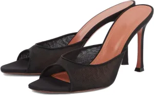 Mesh Heels Mules for Women Peep Open Toe Backless Stiletto Heel Sandals Party Dress Slip-on Lace Heeled Mule