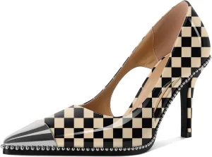Mettesally Stiletto Heels Beaded Pumps for Women Sliver Cap Pointed Toe Pumps Sexy Cut Out High Heels for Women Dressy Causal 3.5 Inch