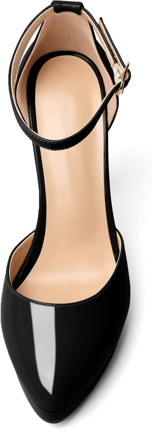 Mettesally Women's Platform Stiletto Pumps Pointed Toe Thin High Heels Ankle Strap Sandals Slip On Wedding Party Shoes
