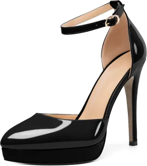 Mettesally Women's Platform Stiletto Pumps Pointed Toe Thin High Heels Ankle Strap Sandals Slip On Wedding Party Shoes