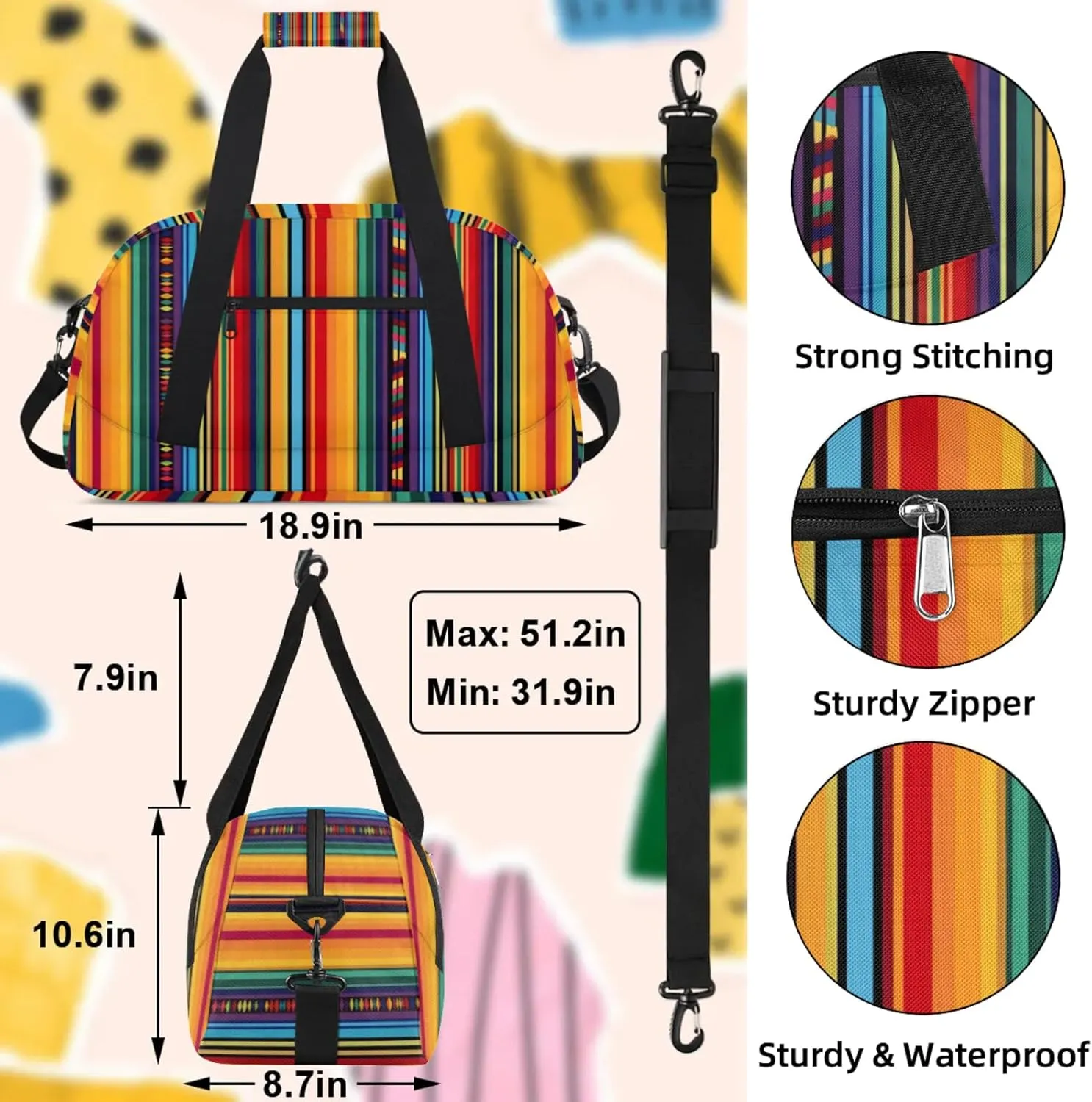Mexican Colorful Stripes Small Gym Bag 18 inch Carry On Duffel Bag for Weekender Travel Sports Workout Yoga Gymnastics Dance Ballet