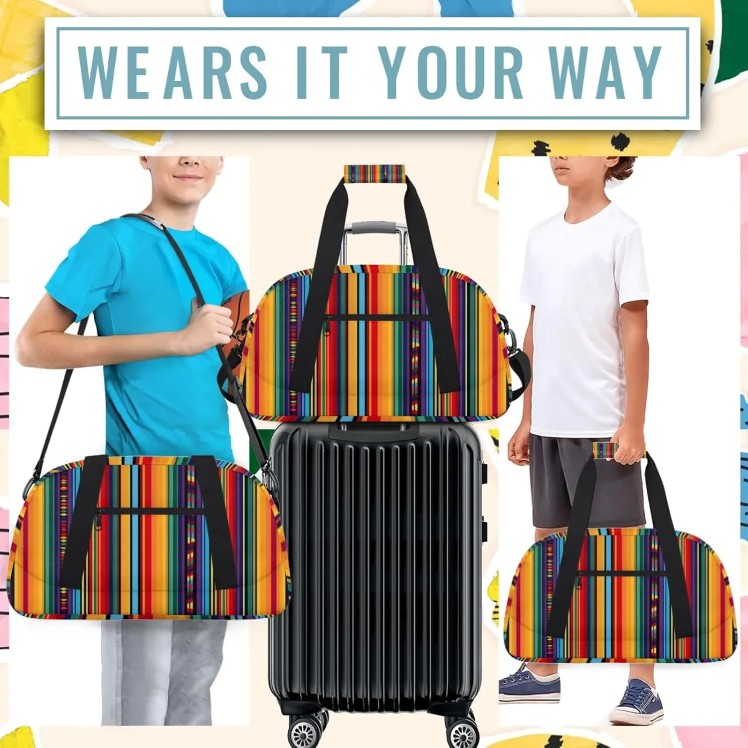 Mexican Colorful Stripes Small Gym Bag 18 inch Carry On Duffel Bag for Weekender Travel Sports Workout Yoga Gymnastics Dance Ballet