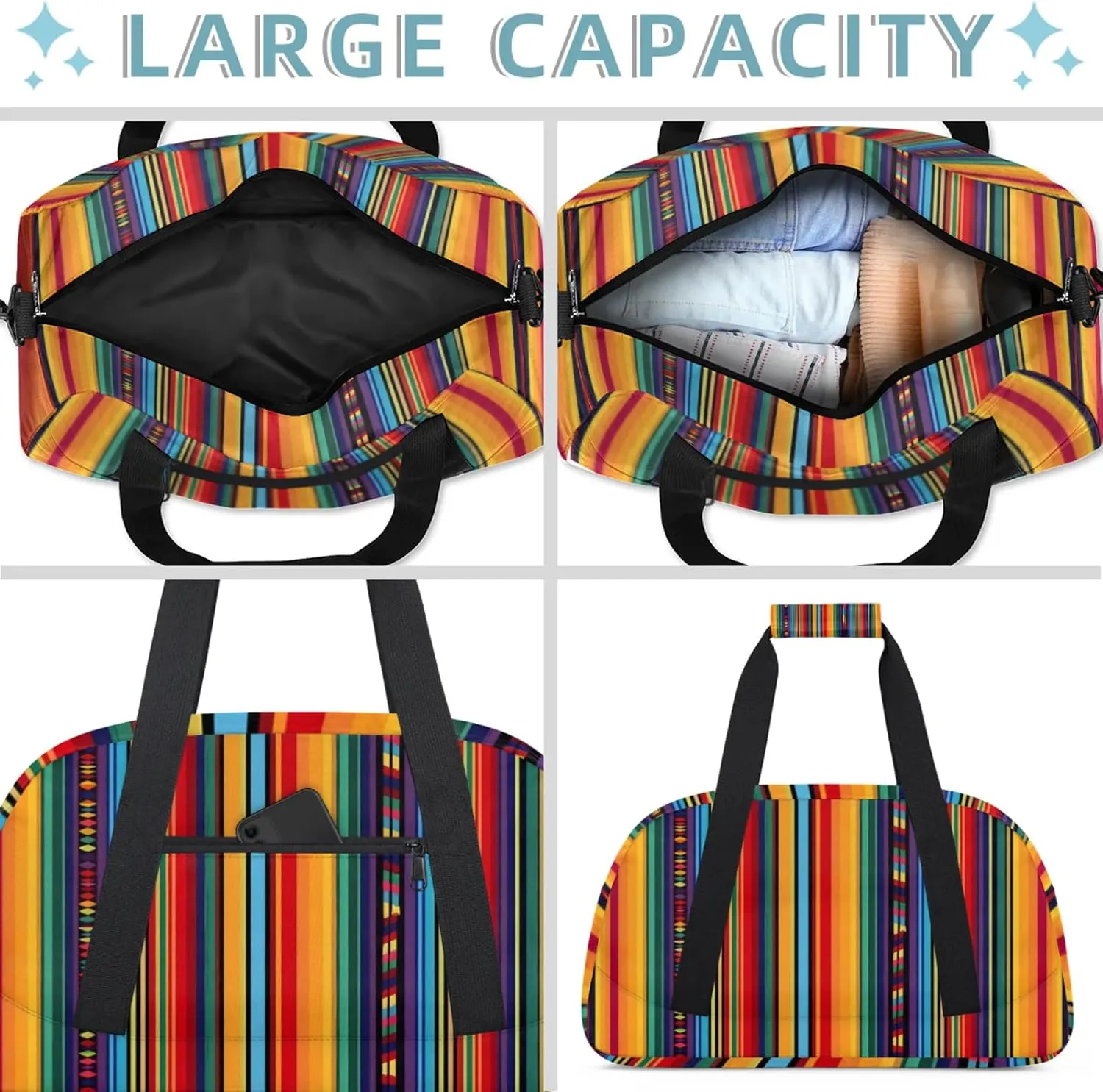 Mexican Colorful Stripes Small Gym Bag 18 inch Carry On Duffel Bag for Weekender Travel Sports Workout Yoga Gymnastics Dance Ballet