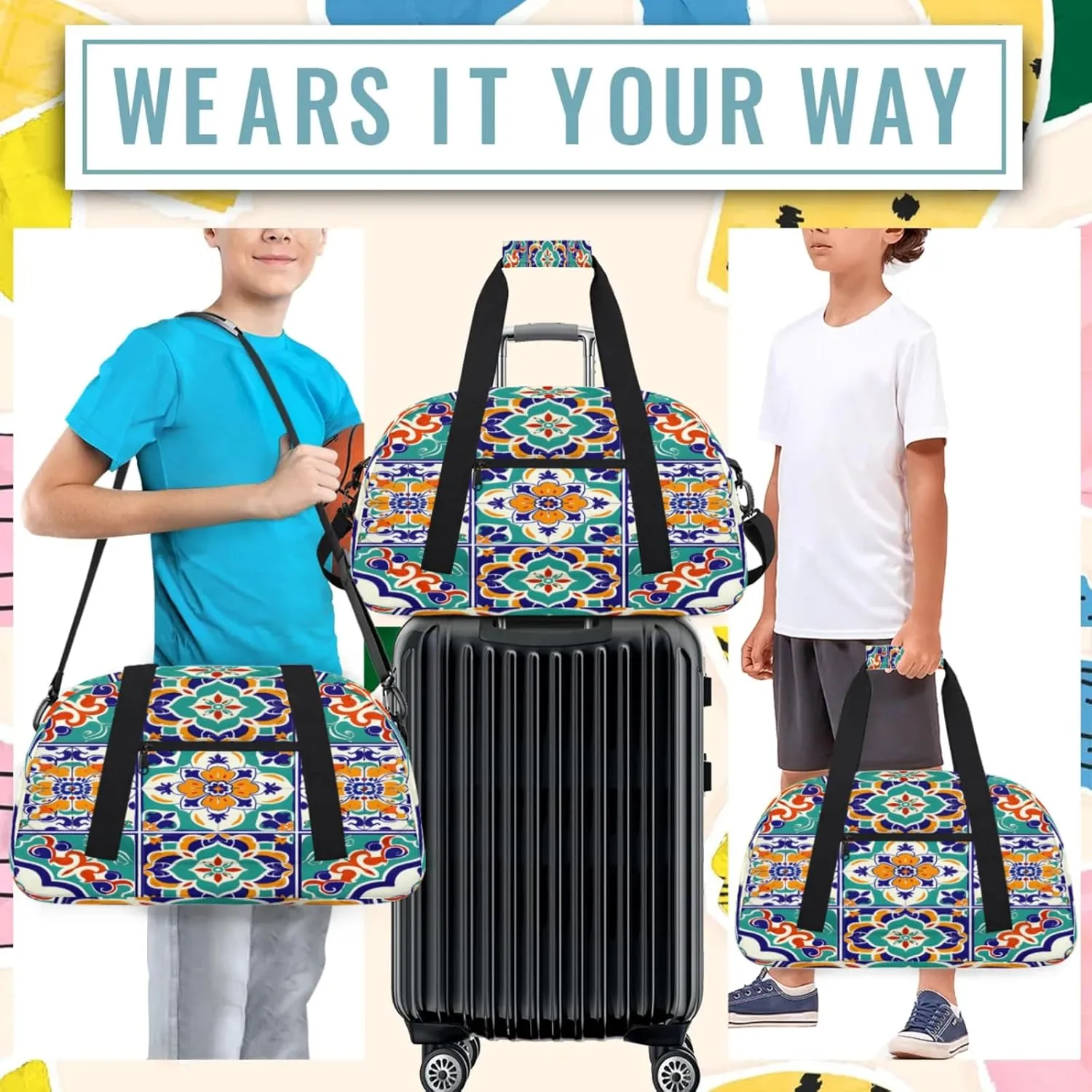 Mexican Ethnic Flower Small Gym Bag 18 inch Carry On Duffel Bag for Weekender Travel Sports Workout Yoga Gymnastics Dance Ballet