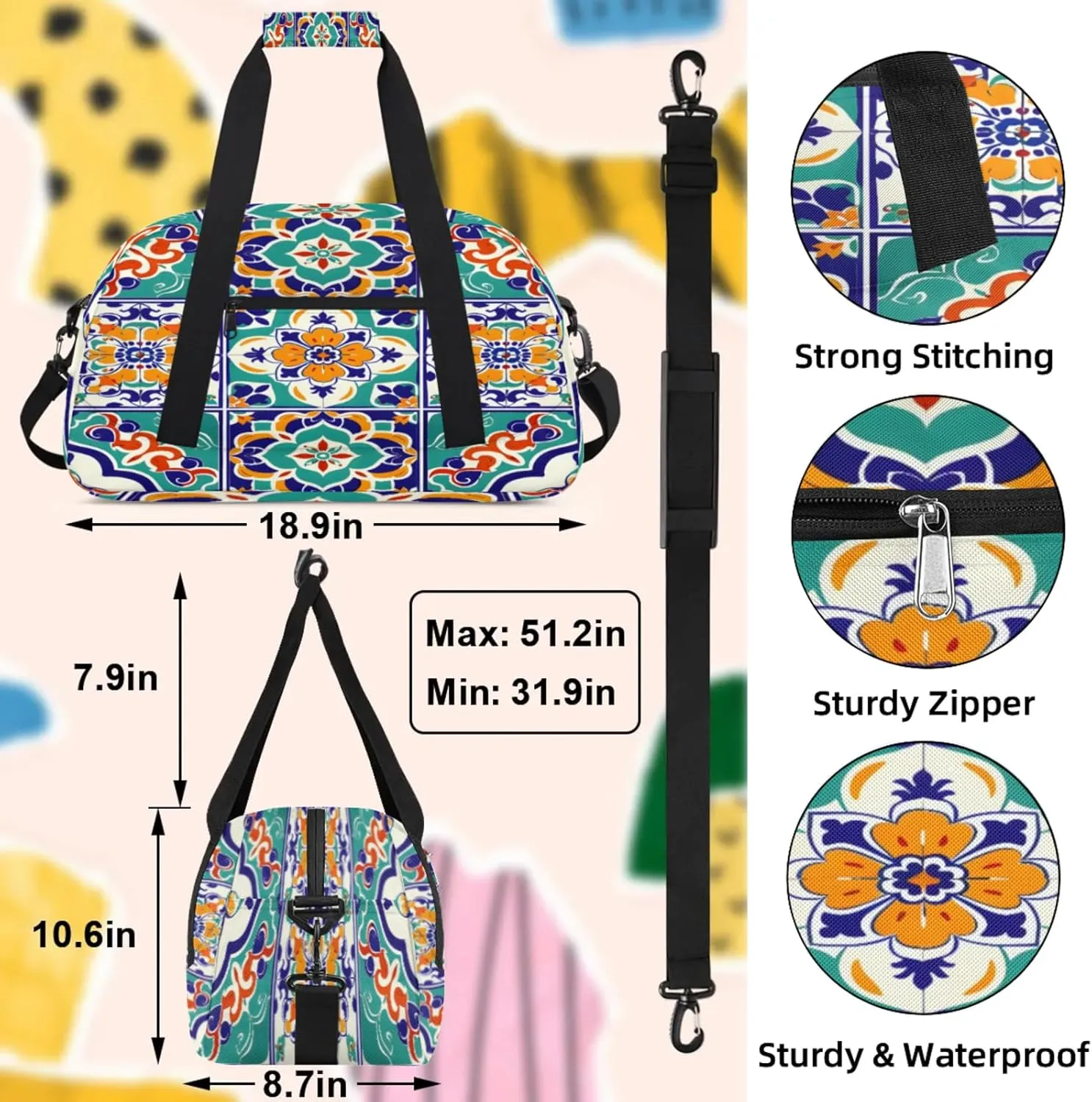 Mexican Ethnic Flower Small Gym Bag 18 inch Carry On Duffel Bag for Weekender Travel Sports Workout Yoga Gymnastics Dance Ballet