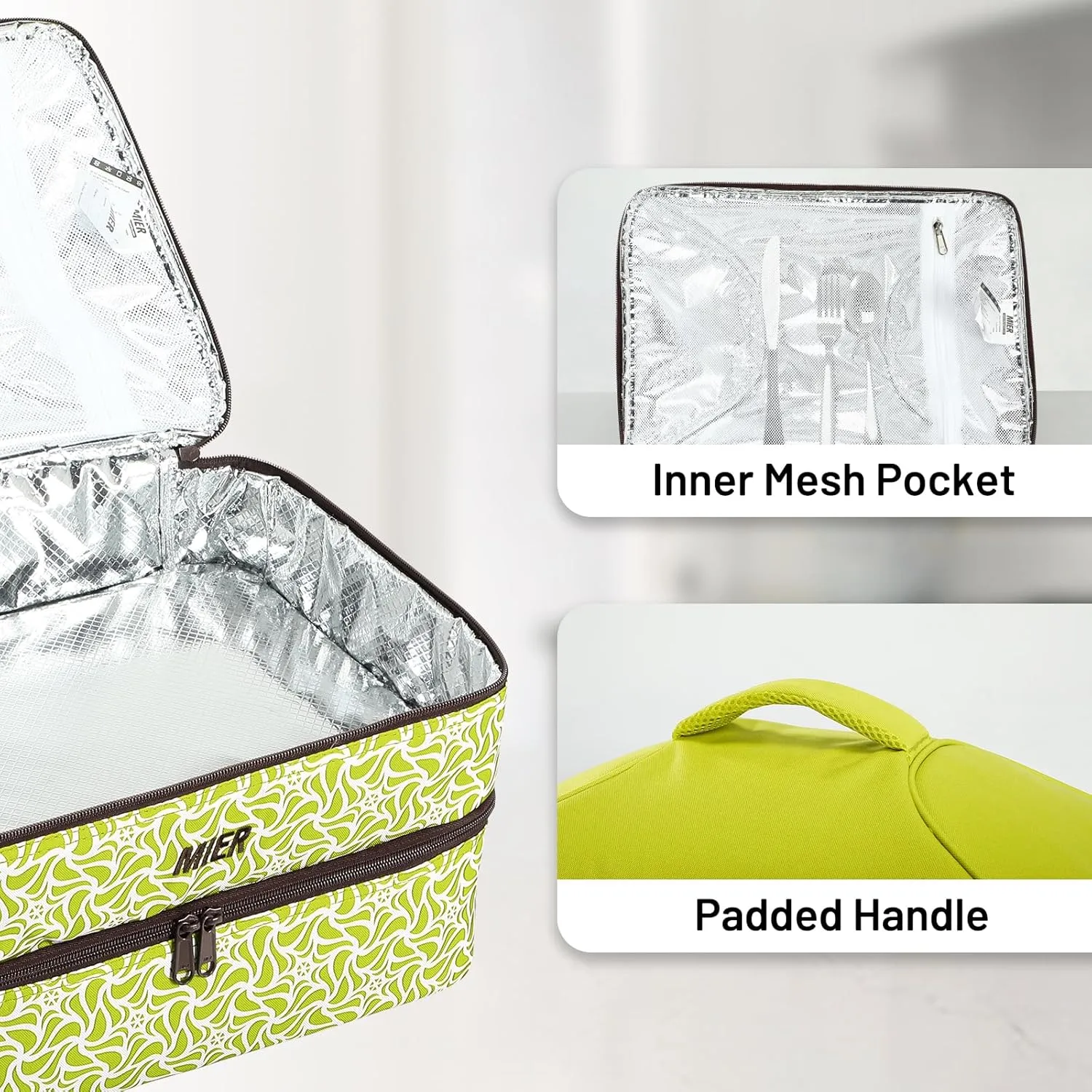 MIER Casserole Carrier Double Insulated Food Carriers Thermal Bag for Hot or Cold Food Lasagna Lugger Potluck Parties Picnic Cookouts, Fits 9"x13" Baking Dishes/Foil Pans, Green