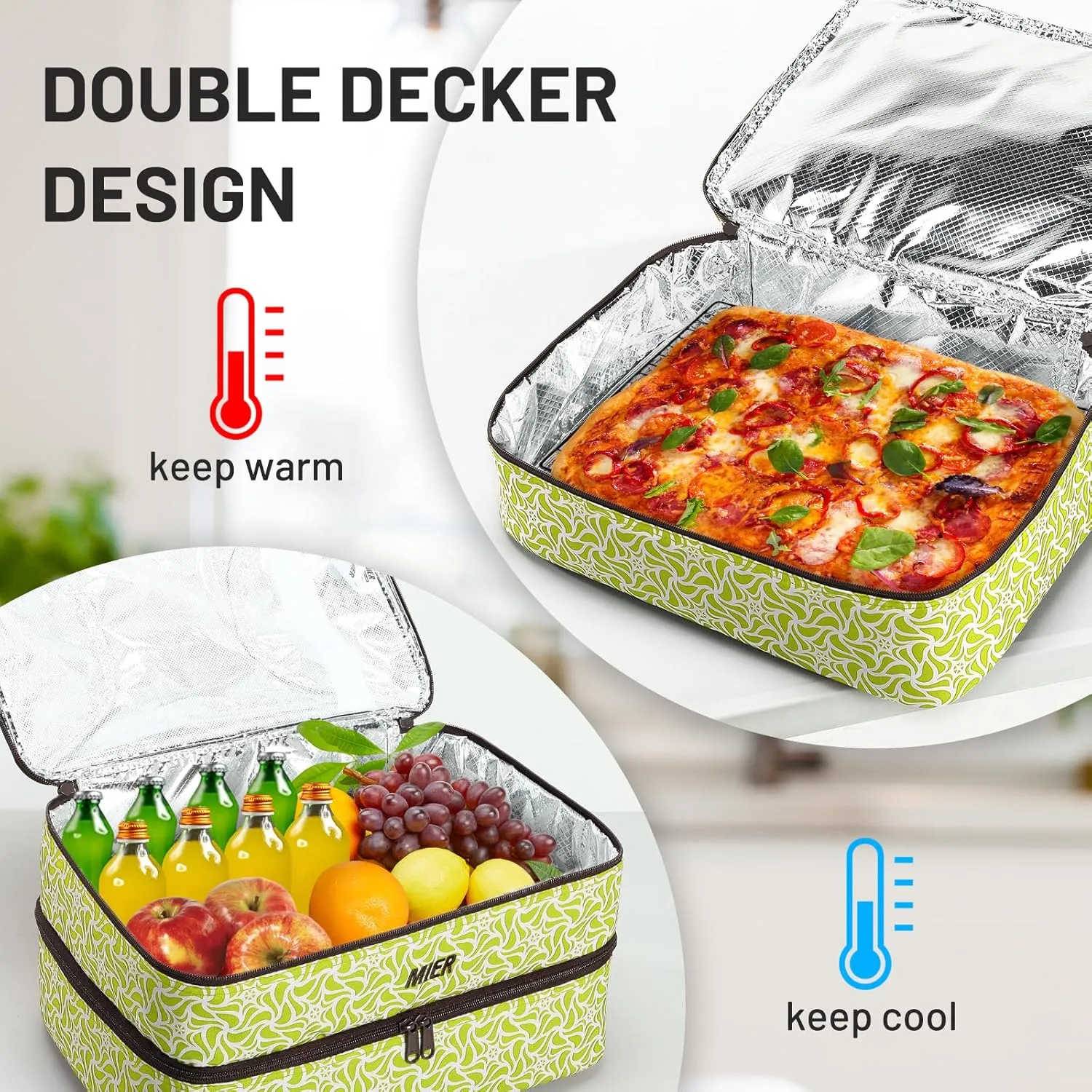 MIER Casserole Carrier Double Insulated Food Carriers Thermal Bag for Hot or Cold Food Lasagna Lugger Potluck Parties Picnic Cookouts, Fits 9"x13" Baking Dishes/Foil Pans, Green