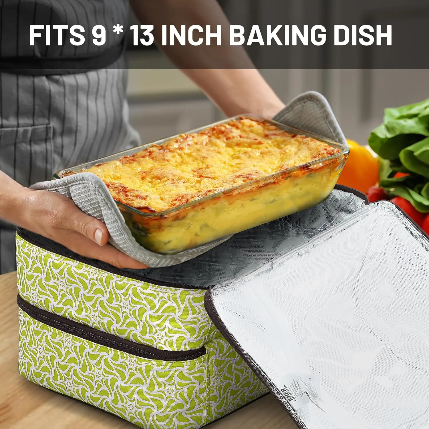 MIER Casserole Carrier Double Insulated Food Carriers Thermal Bag for Hot or Cold Food Lasagna Lugger Potluck Parties Picnic Cookouts, Fits 9"x13" Baking Dishes/Foil Pans, Green