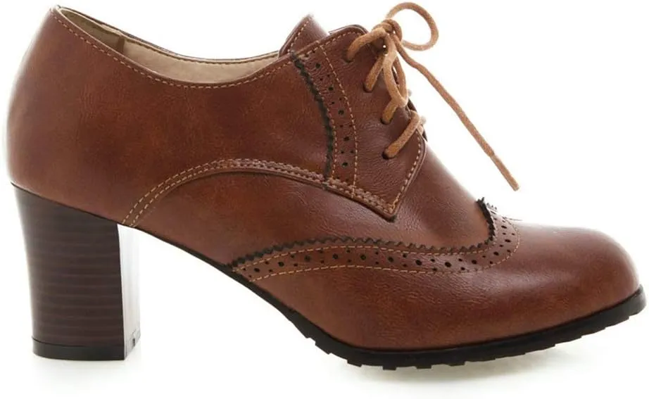 MIOKE Women's Lace Up Wingtip Pump Oxfords Brogues Perforated Chunky Block High Heel Vintage Dress Shoes