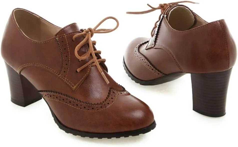 MIOKE Women's Lace Up Wingtip Pump Oxfords Brogues Perforated Chunky Block High Heel Vintage Dress Shoes