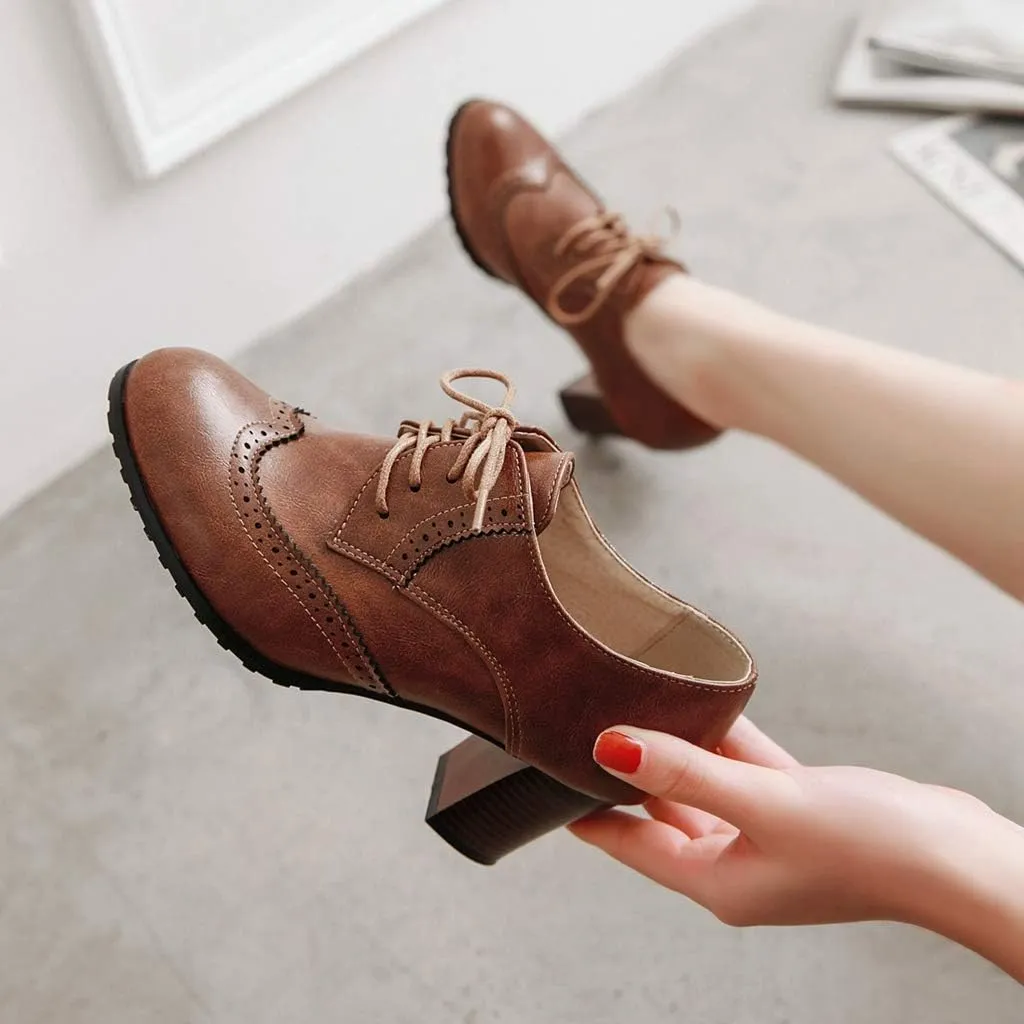 MIOKE Women's Lace Up Wingtip Pump Oxfords Brogues Perforated Chunky Block High Heel Vintage Dress Shoes